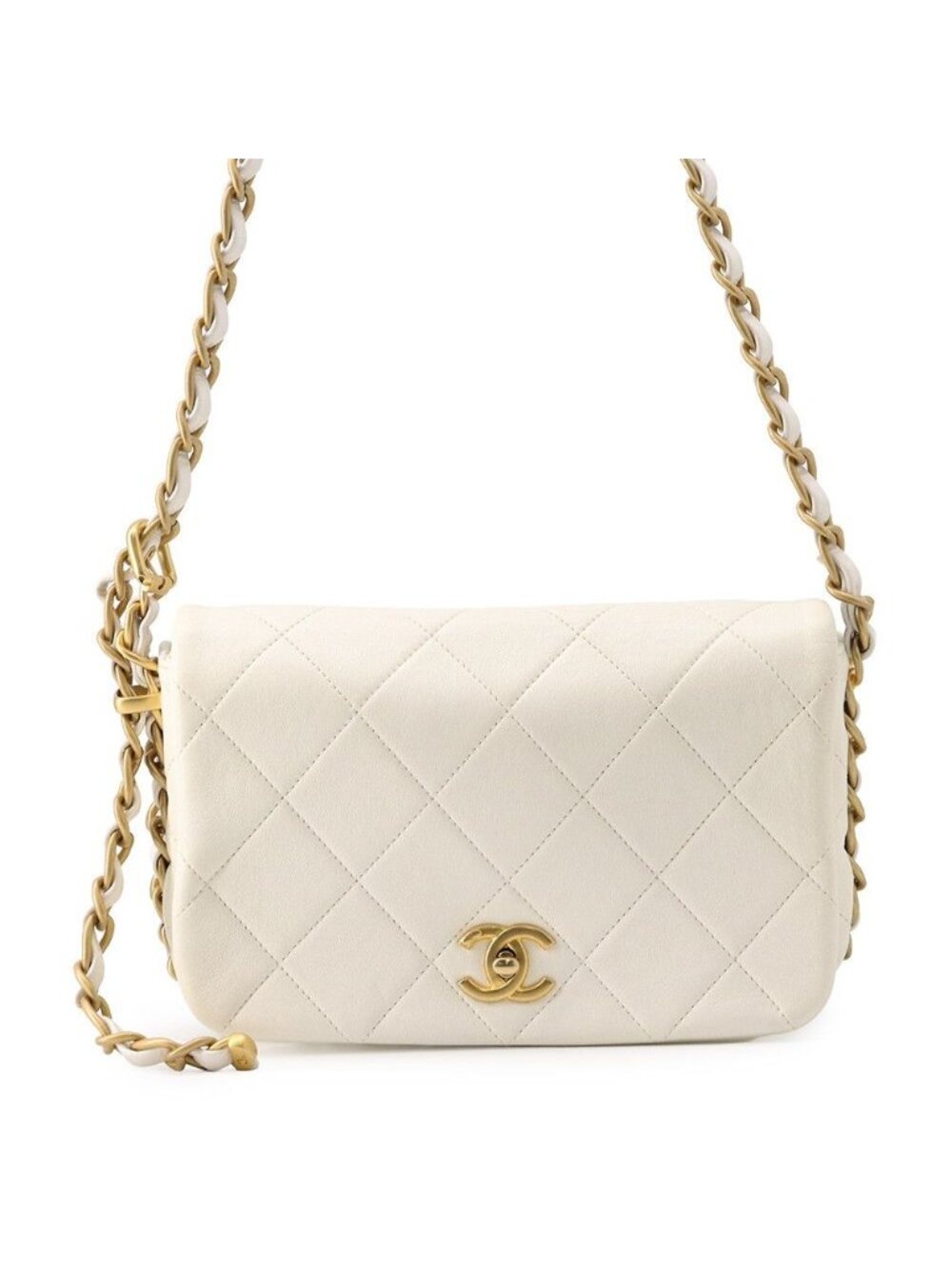 Chanel Chain Shoulder Bag Quilted CC Logo Lambskin White